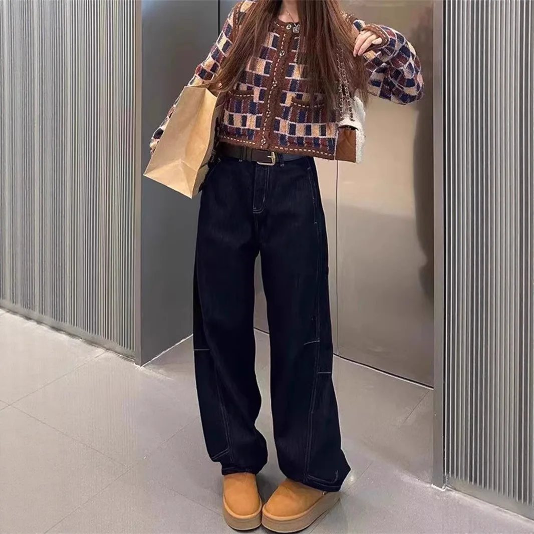 Women's Jeans With Fleece Lining, Thickened For Autumn And Winter, Plus Size, Loose Fit, High Waist, Straight Slimming, Wide