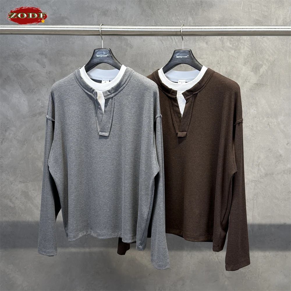 ZODF Trendy Autumn Old Money Double Henry Colalr T-Shirt For Men Unisex 280gsm Classic Long Sleeve T Shirts Brand Tops HY1323