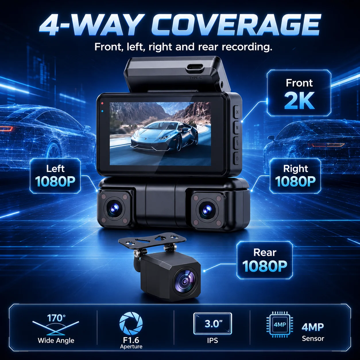 4 Channel Dash Cam 3 Inch IPS WiFi Car DVR Front 2K Left Right Rear 1080P Recorder G-Sensor without TF Card
