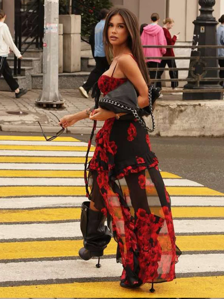 Sukienka mini bodycon z nadrukiem kwiatów Nibber, falbankami, frędzlami, głębokim dekoltem, marszczeniami, obcisła, elastyczna, seksowna, w stylu ulicznym, na nocną imprezę.