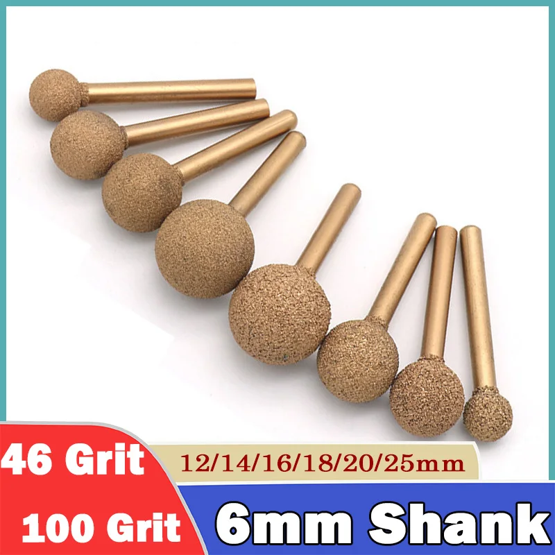 6mm Shank 12~25mm Ball Brazed Diamond Grinding Jade Peeling Stone Carving Grinding Head for Polishing Metal Wood Rotary Tools