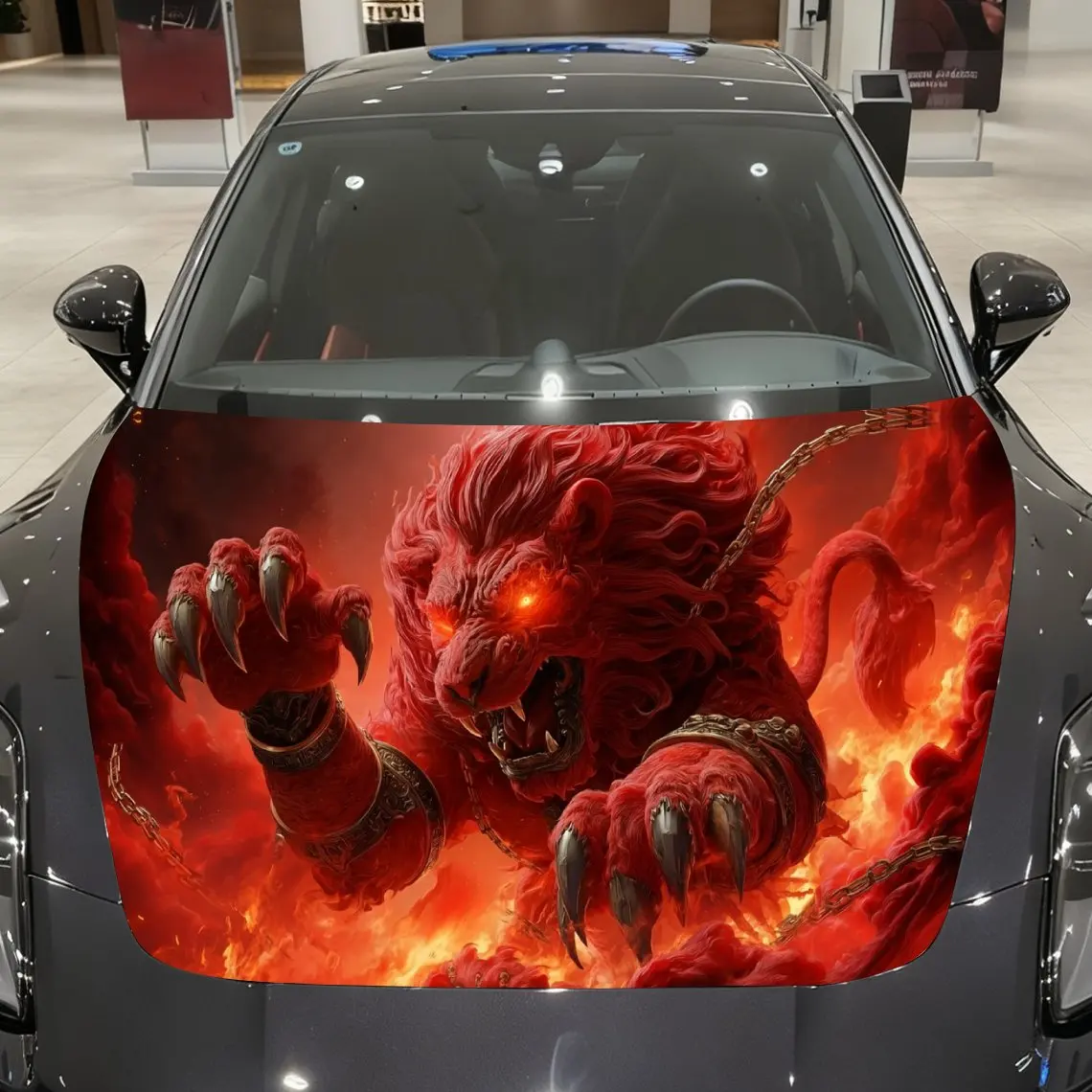 

Red Flame Fierce Lion and Flame Art Car Vinyl Wrap, PVC Material Waterproof Car Hood Sticker, Self-Adhesive Scratch-Resistant St