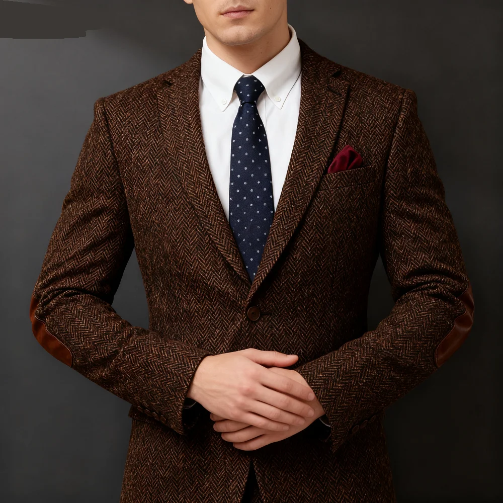

Men's Brown Fish Spine Blazer 1-Piece Lapel Embossed Office Business Winter Terno Jacket Casual Outerwear