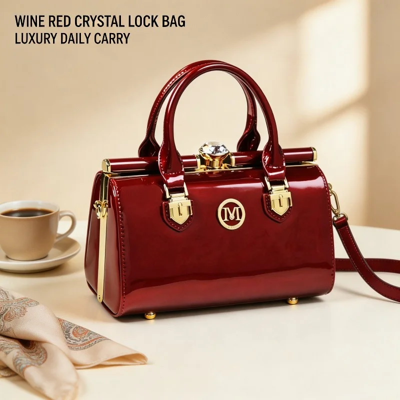 Women Glossy Patent Leather Frame Handbag Crystal Kiss Lock Metal Logo Top Handle Detachable Strap Evening Shoulder Purse