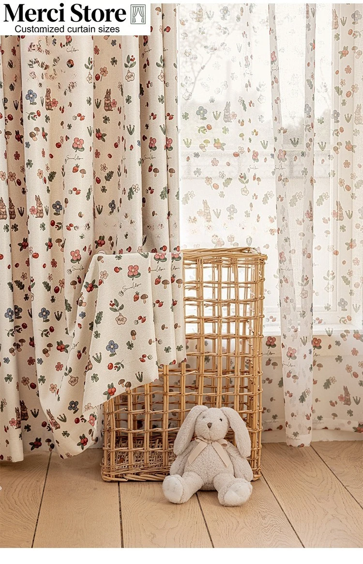 Small‑Flower Rabbit Print Curtain Floral Cartoon Semi‑Blackout Fabric Curtain for Kids Room Bedroom Custom Size Window Decor