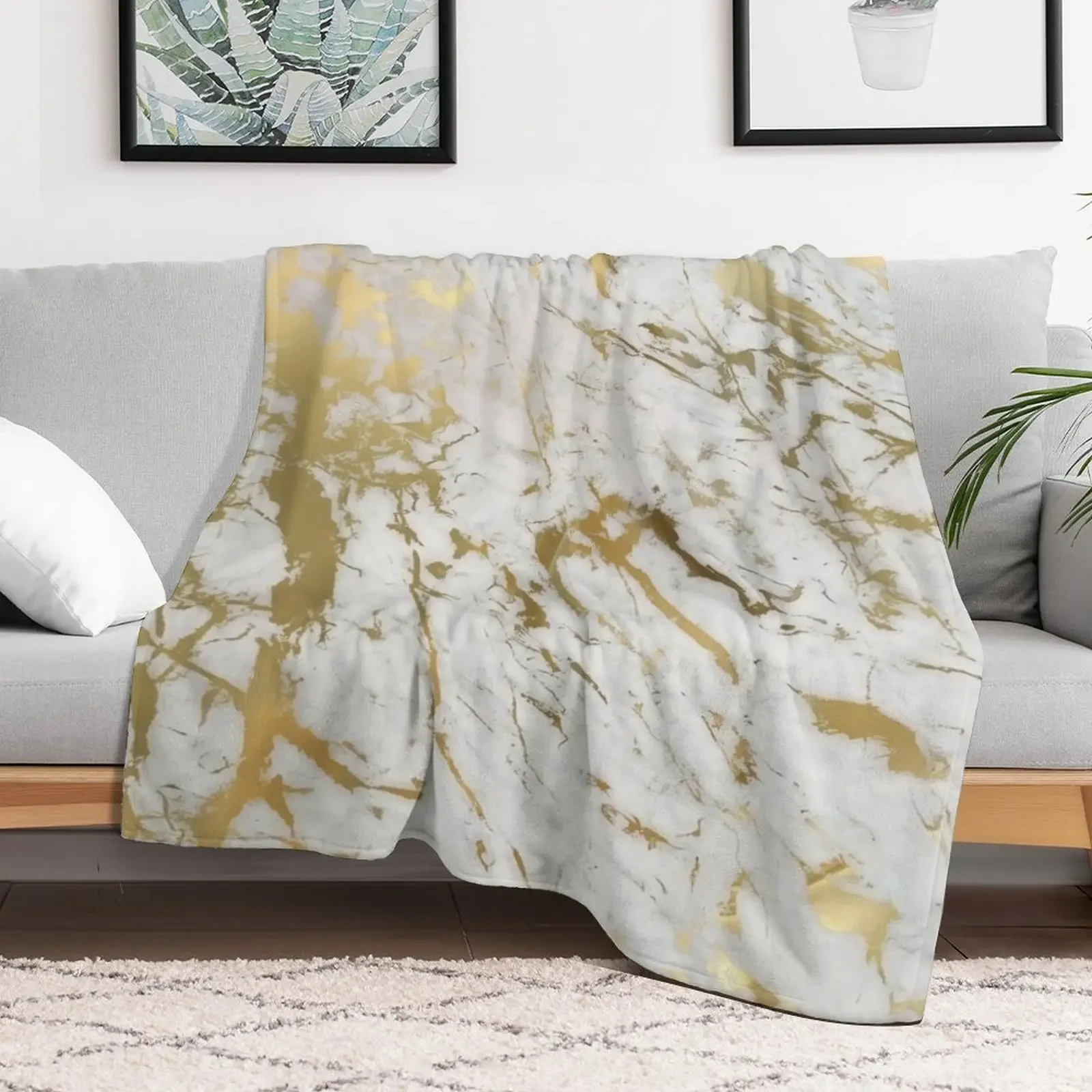 Gold marble on white (original height quality print) Throw Blanket Lightweight Warm Blanket for Indoor Outdoor Use