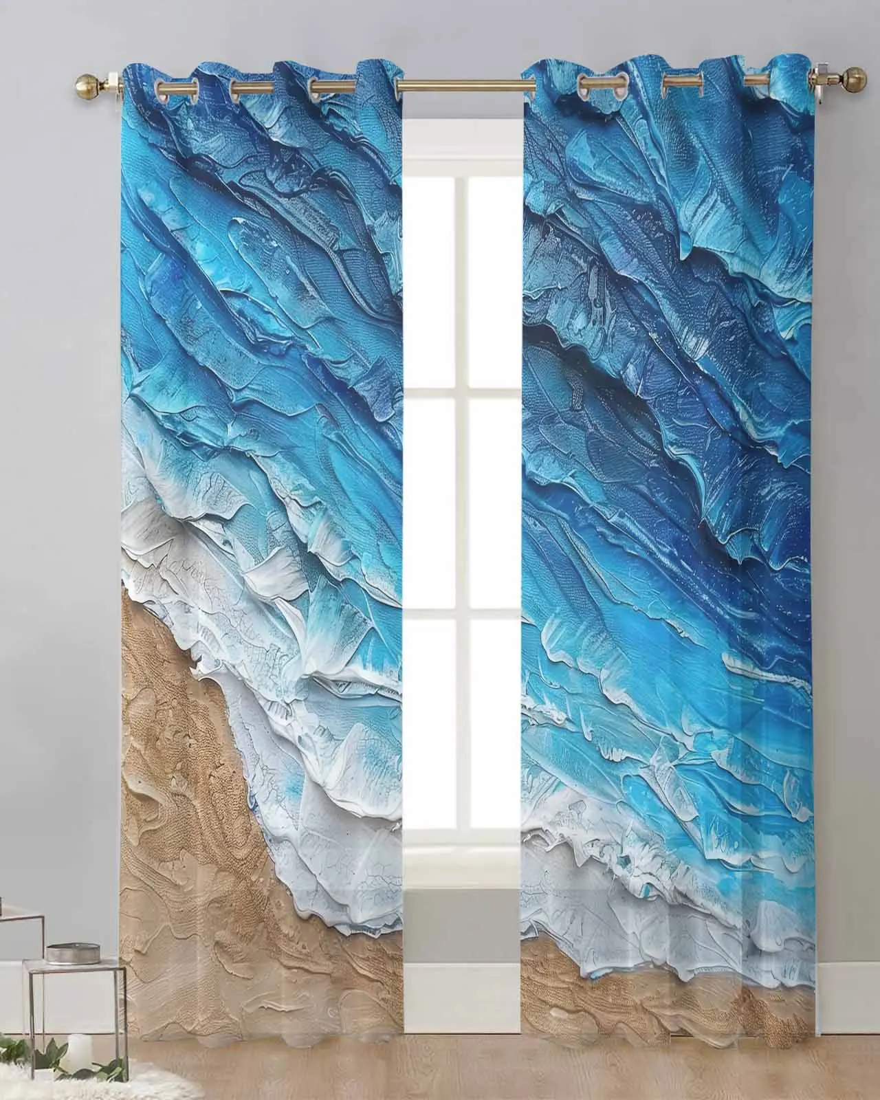 

Coastal Ocean Waves Beach Blue Wave Gradient Voile Curtain Window Treatment Drapes Tulle Curtains for Living Room Sheer Curtains