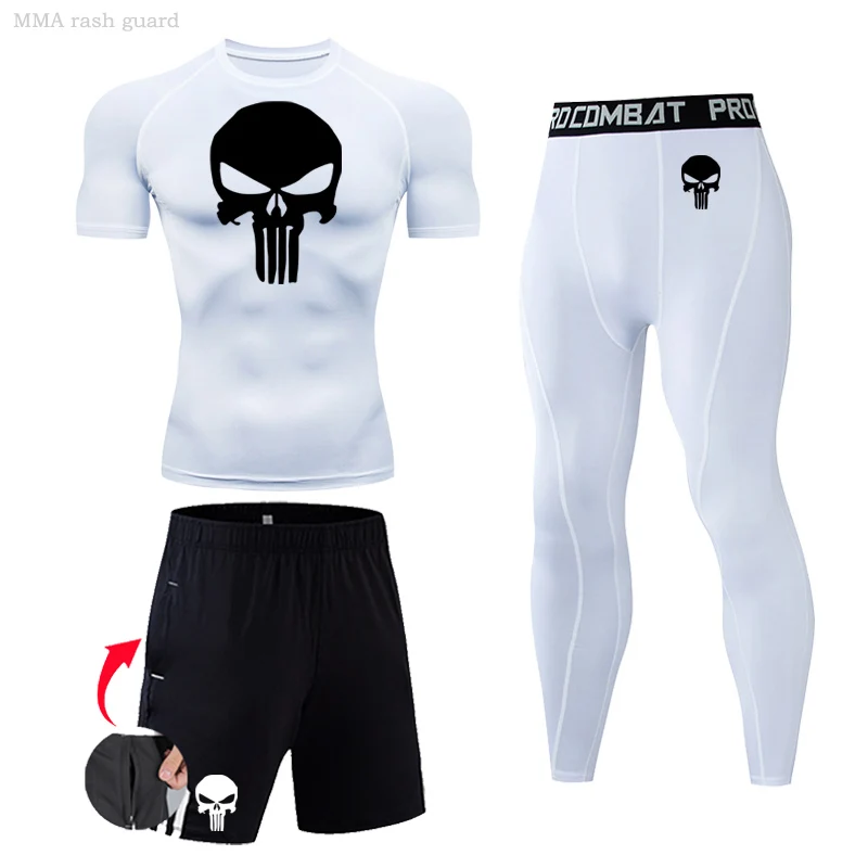 Men Skull Compression set MMA Short Sleeve T-shirt Men\'s Sport Tights Pants Fitness Bodybuilding Clothes work out Running Suit