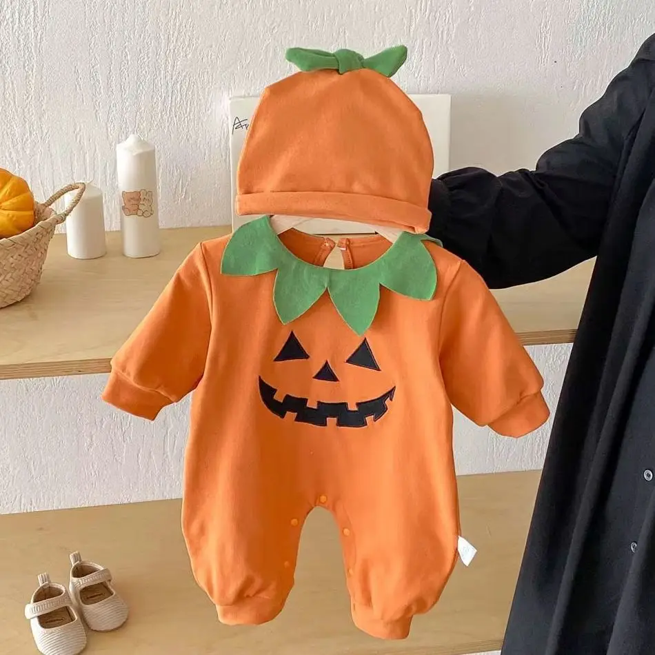 

Halloween Newborn Infant Lapel Pumpkin Jumpsuit + Hat Toddler 0-24M Boy Girl Clothes Baby Jumpsuit with Hat Baby Jumpsuit with