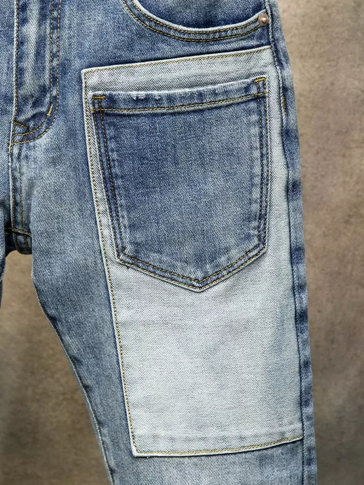 Fashion Trendy Men Jeans Spliced Designer Retro Blue Stretch Slim Fit Ripped Jeans Men Multi Pockets Hip Hop Denim Pants Hombre