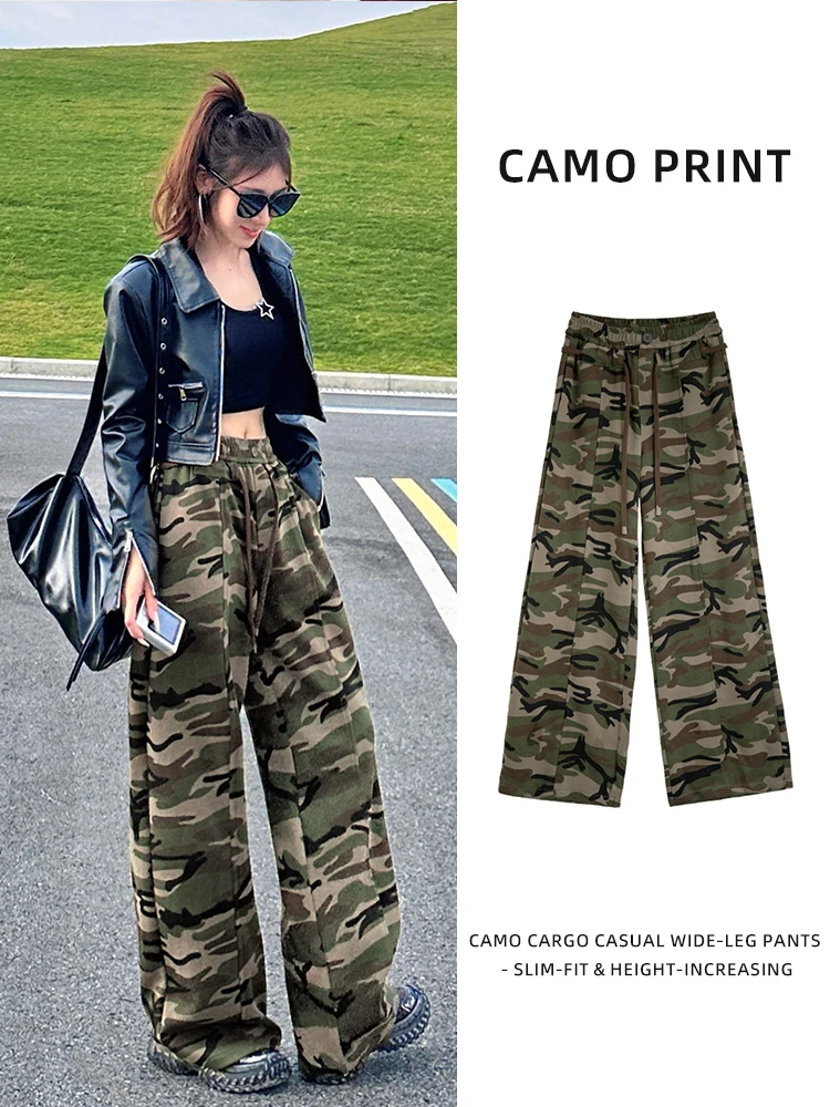 Pantaloni a gamba larga cargo mimetici retrò 2025 da donna - Pantaloni a gamba dritta slim fit larghi a vita alta primavera autunno