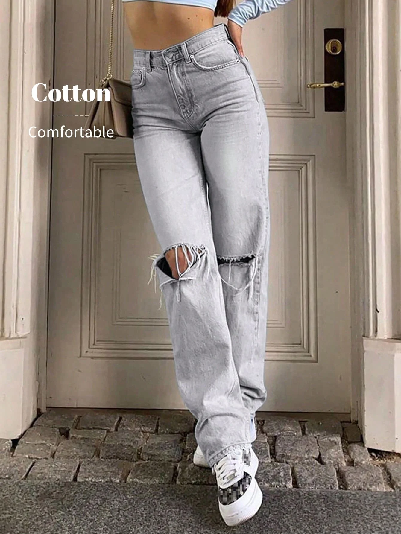 

Женские джинсы с высокой талией, прямым кроем и рваными элементами на коленях, из хлопкового денима для повседневного уличного стиля