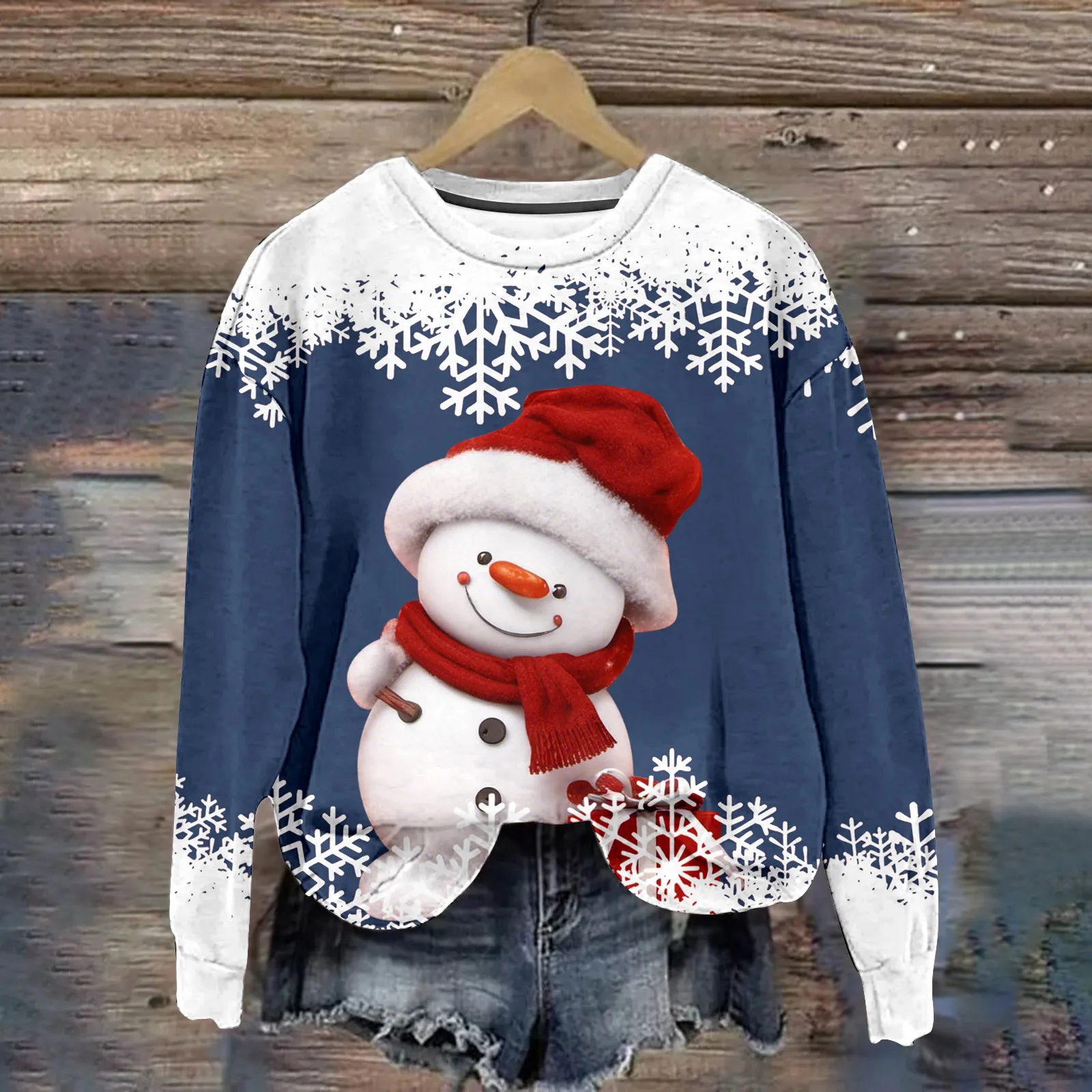 Women\'s Long Sleeve Christmas Sweater, 3D Snowmen Print Sweatshirts, Oversized T-Shirt, Fashion Design Apparel, New