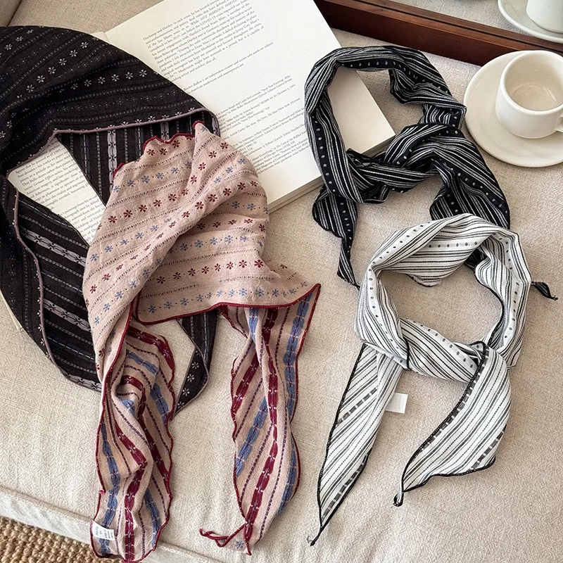 

Vintage Stripe Cotton Linen Triangle Head Scarf Women Travel Neck Wrap Decorative Lightweight Breathable Artistic for Outing