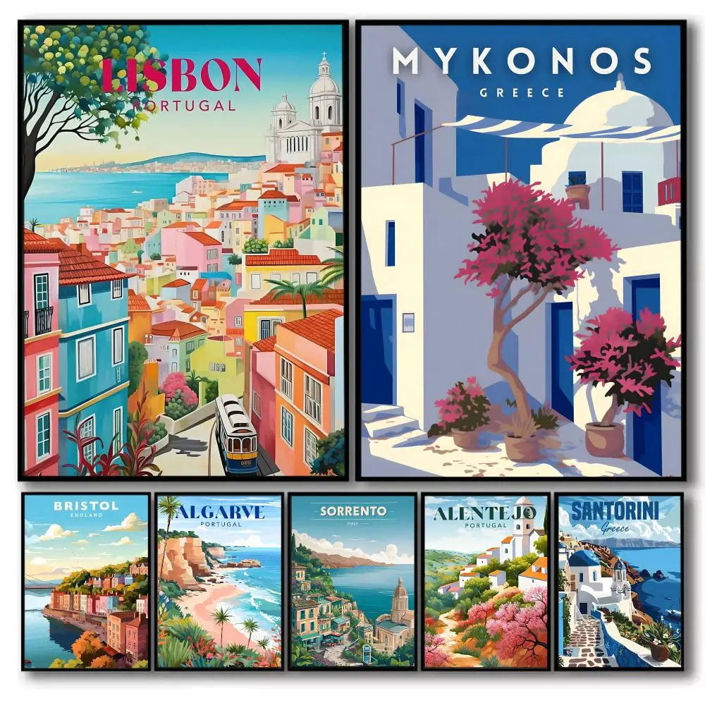 Regional Scenery S-Santorini Greece Poster Stickers Self-Adhesive Painting Mural Decor Wall Decals for Bedroom Room Home HD Gift