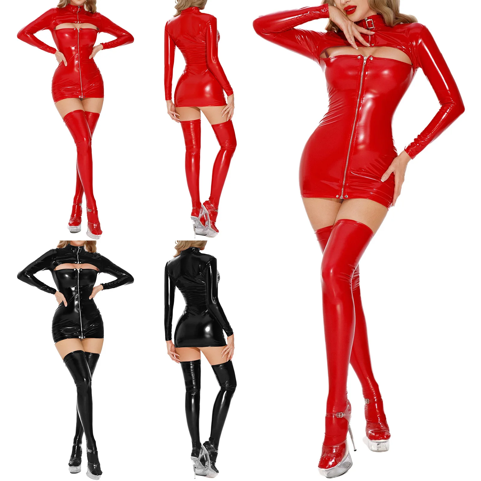 

Женское мини-платье из глянцевой искусственной кожи из латекса Rave Clubwear для танцев на пилоне, облегающее платье с длинными рукавами и молнией спереди