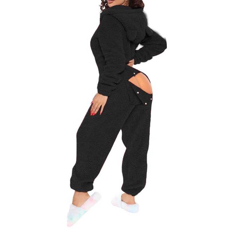 Women Plush Velvet Hooded Jumpsuits Button Open Butt Fluffy Hoodies Bodysuits Casual Playsuits Tracksuits One-piece Overalls 2XL