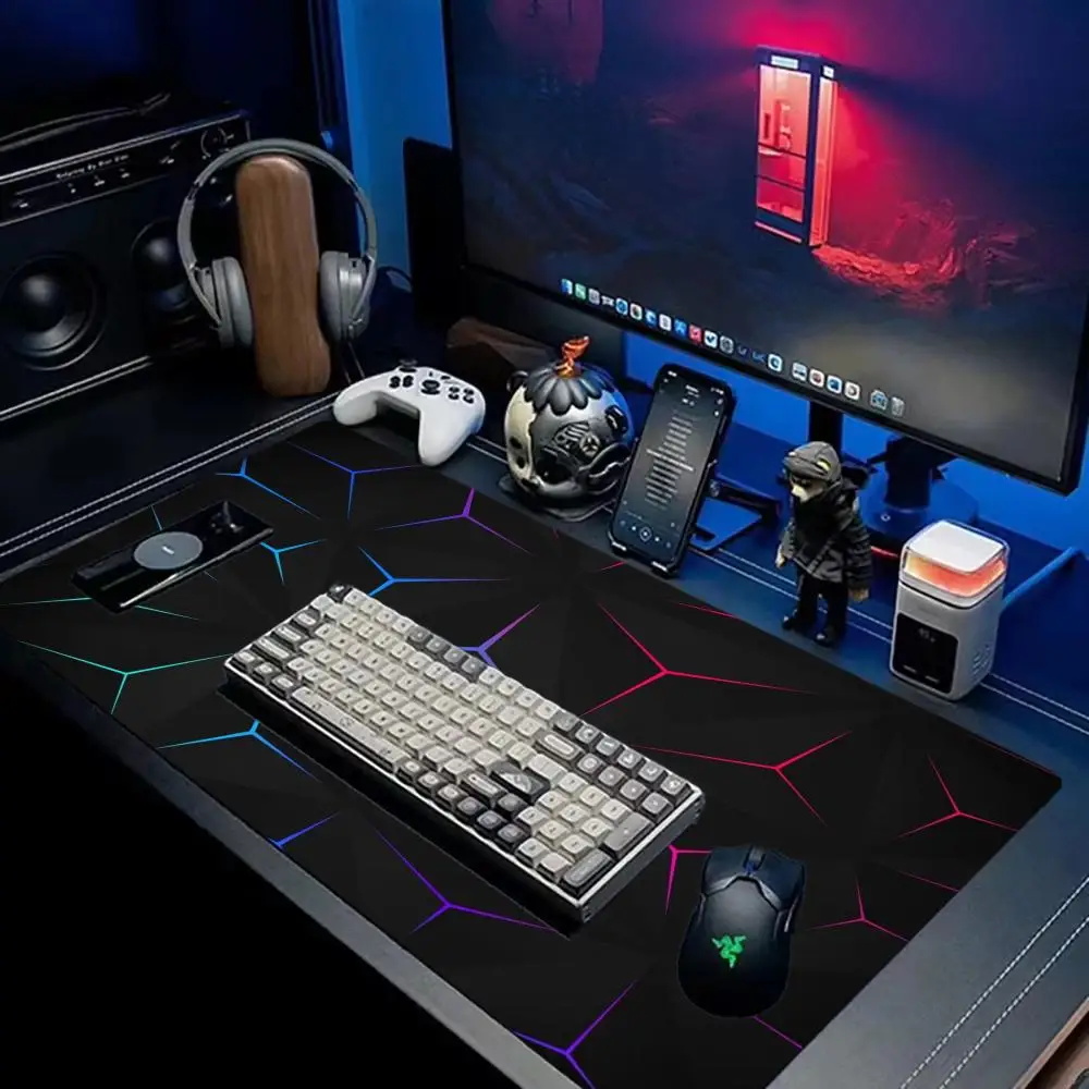 XXL Gaming Mouse Pad Non-Slip Rubber Deskmat 3D Triangle Neon Polygon PC Gamer Keyboard Desktop Computer Overlocked Table Mats