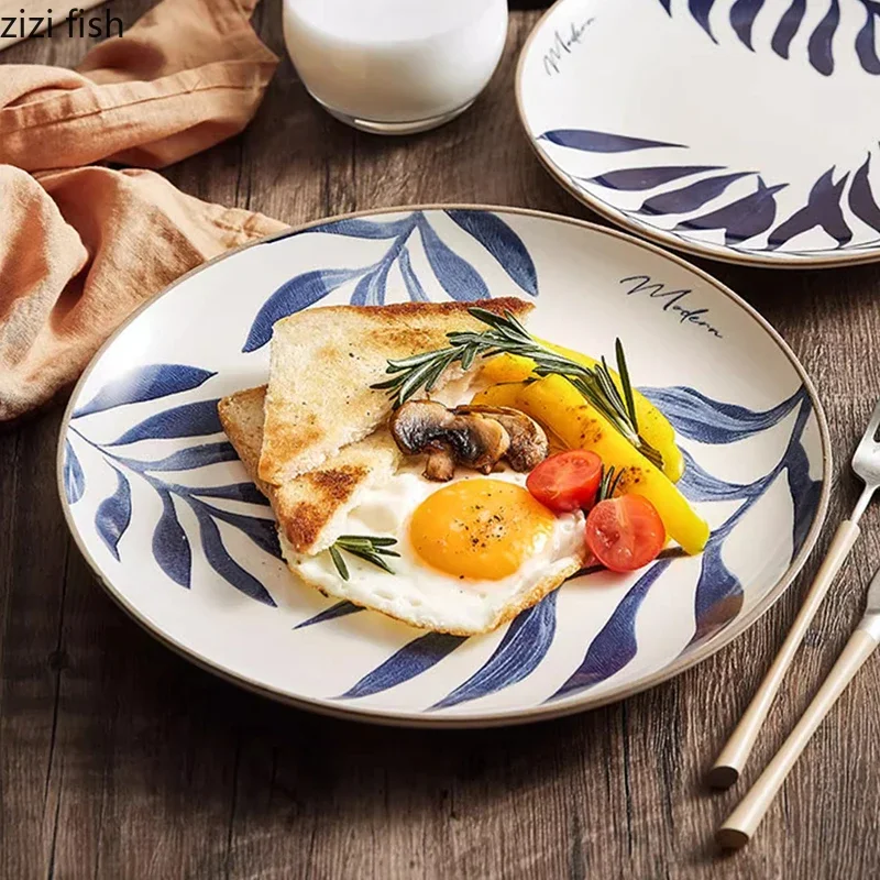 

Blue Leaf Ceramic Shallow Plate Creative Steak Plate Dessert Plate Salad Plates Sushi Snack Plates Hotel Featured Tableware