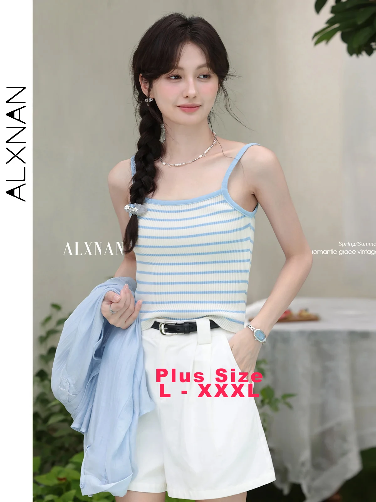 

ALXNAN Plus Size Blue Striped Suspenders Elegant Casual Short Camisole 2025 Summer Slim-fit Sweet Sleeveless Tops Ladies D11748