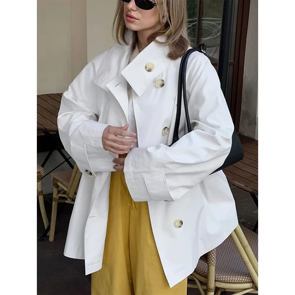 

Faionable Women's Double Lapel ort Coat Loose Fit White Cleanfit Sle Synthetic Fiber A-Line Sve Ladies irt