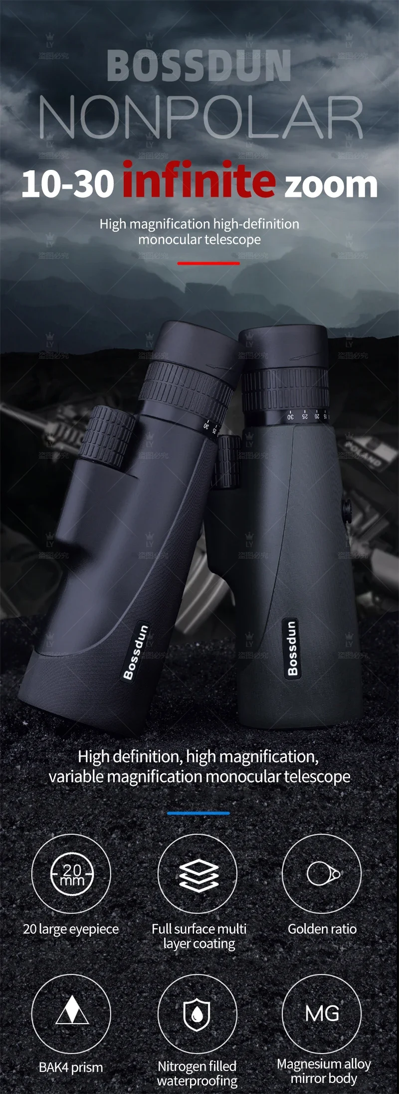 CAOX 10-30x50 Zoom HD Monokular-Teleskop für Vogelbeobachtung, Jagd, Camping - Inklusive Outdoor-Stativ & Handyhalterung – Detail 1