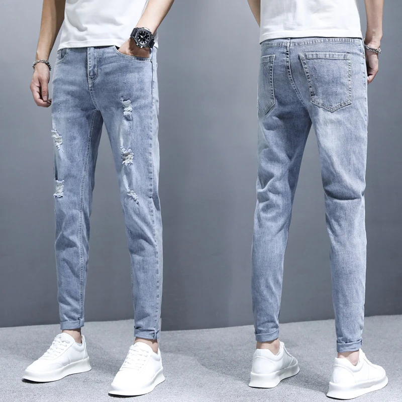 Men\'s Personalized Fashion Ripped Jeans Straight Slim Solid Color Spring Summer Denim Trousers High-Quality Brand Blue Jeans