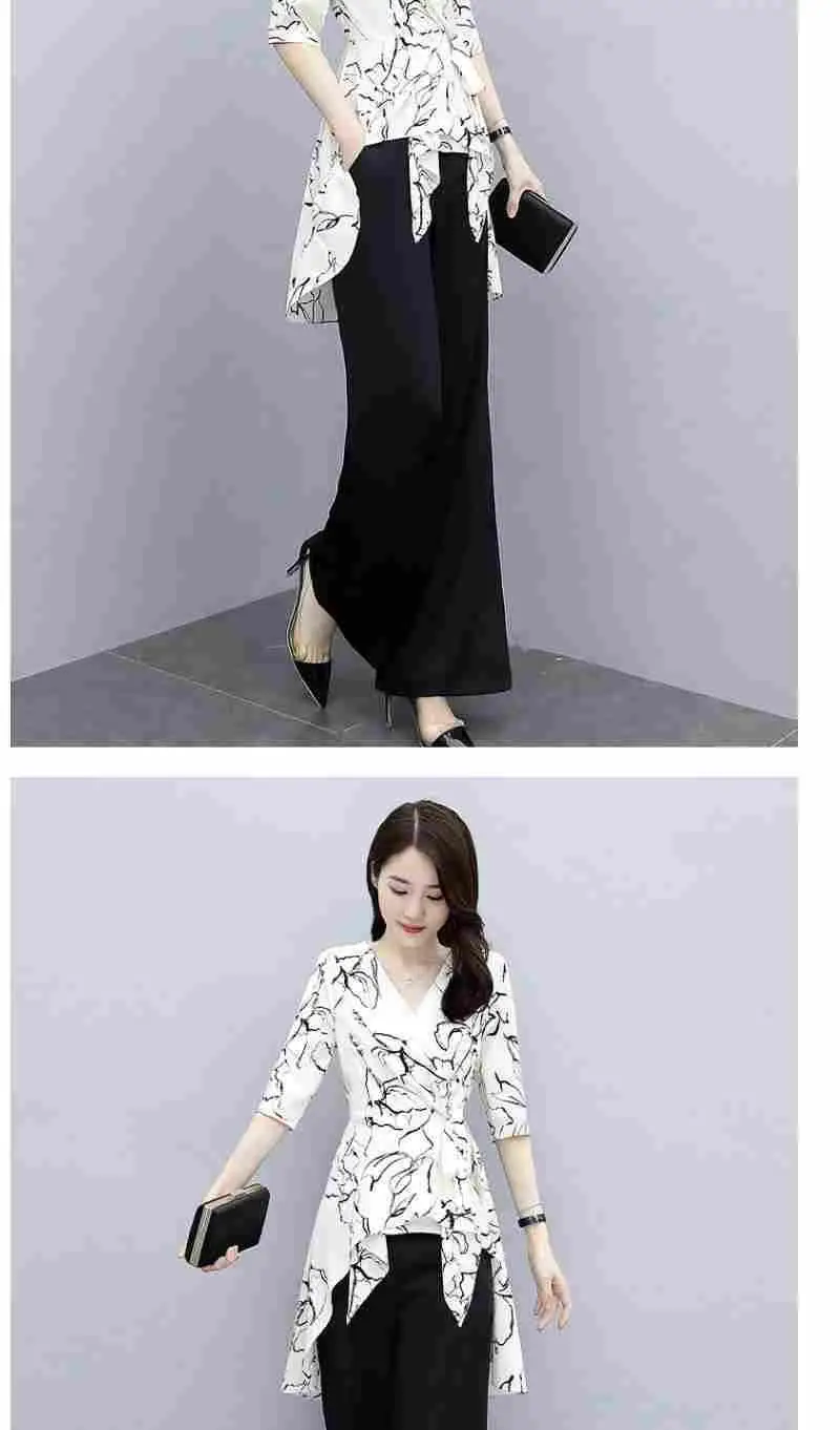 Damen-Freizeitanzug, Sommer, neues zweiteiliges Set, 2025, modisch, weites Bein, lange Hose, halbe Ärmel, Oberteil, koreanischer Stil, bedruckt, Büro-Outfits – Detail 8