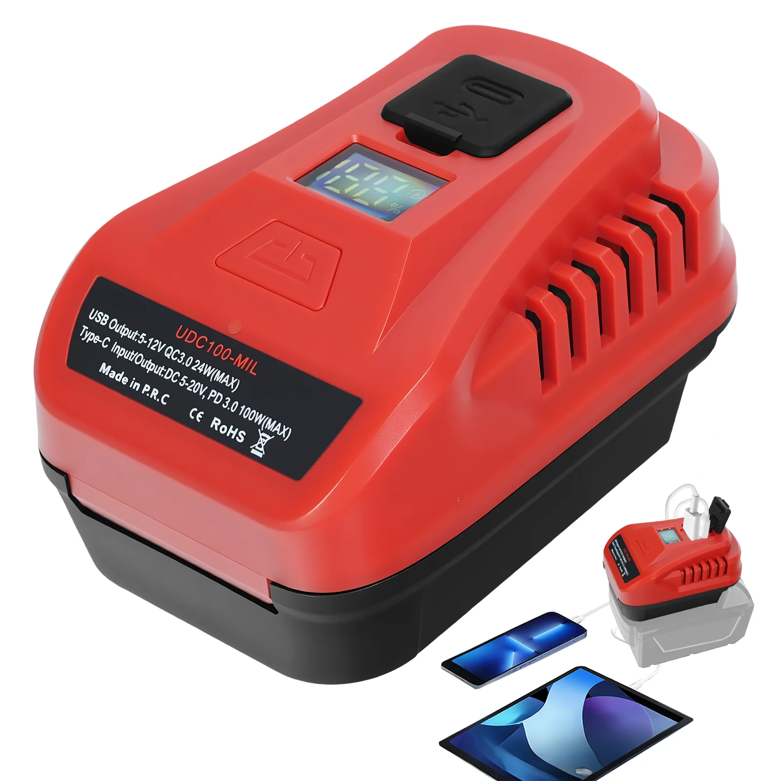

Battery Charger for Milwaukee 18V Battery with USB & Type-C Port 100W Portable Charger for Battery/Phone/Laptop Charge
