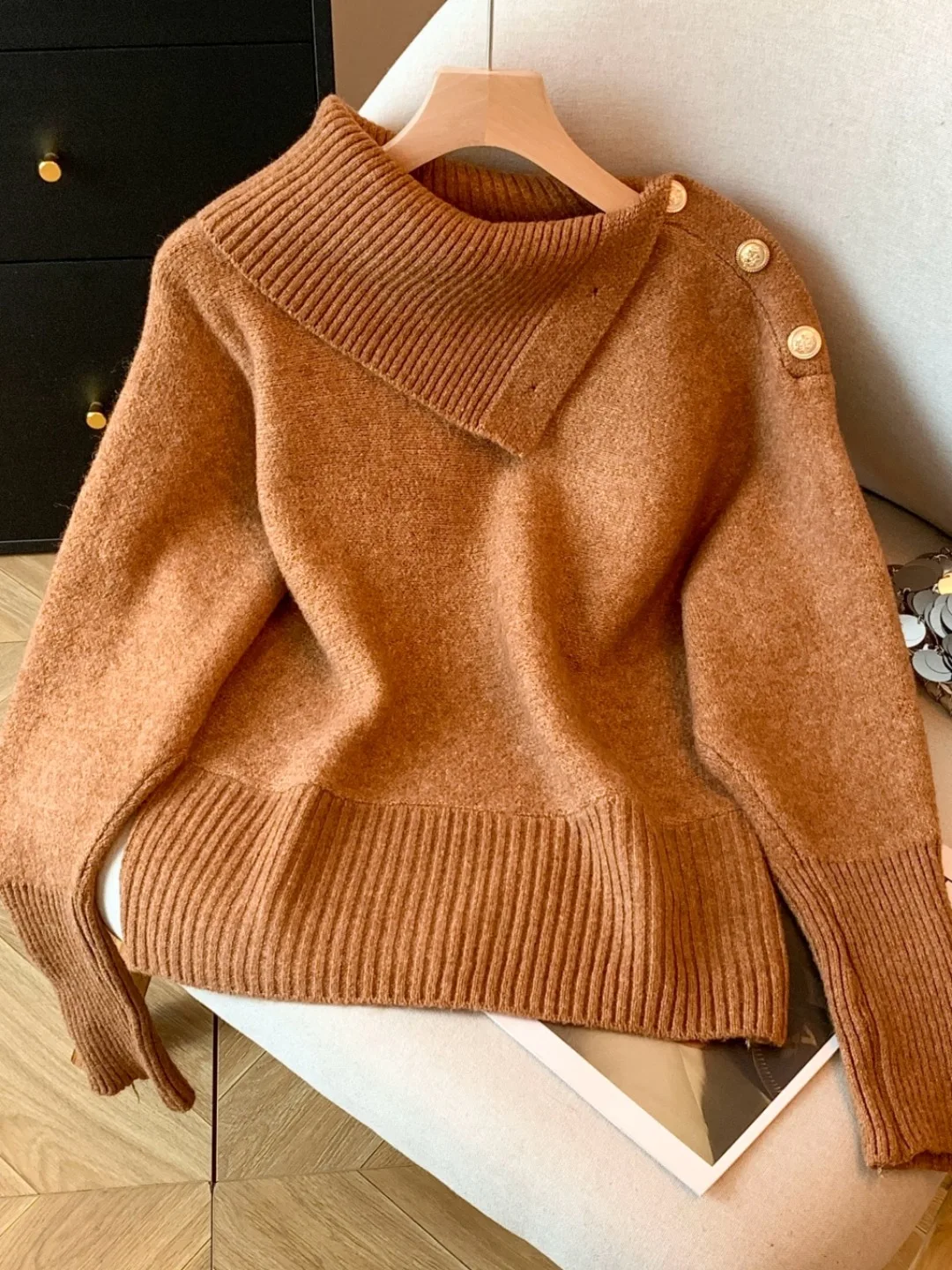 

Soft Cozy Collared Knitwear Women's Loose Slimming Waist Cinched Autumn Winter Lazy Sle Long Sve Color Camere Sw...