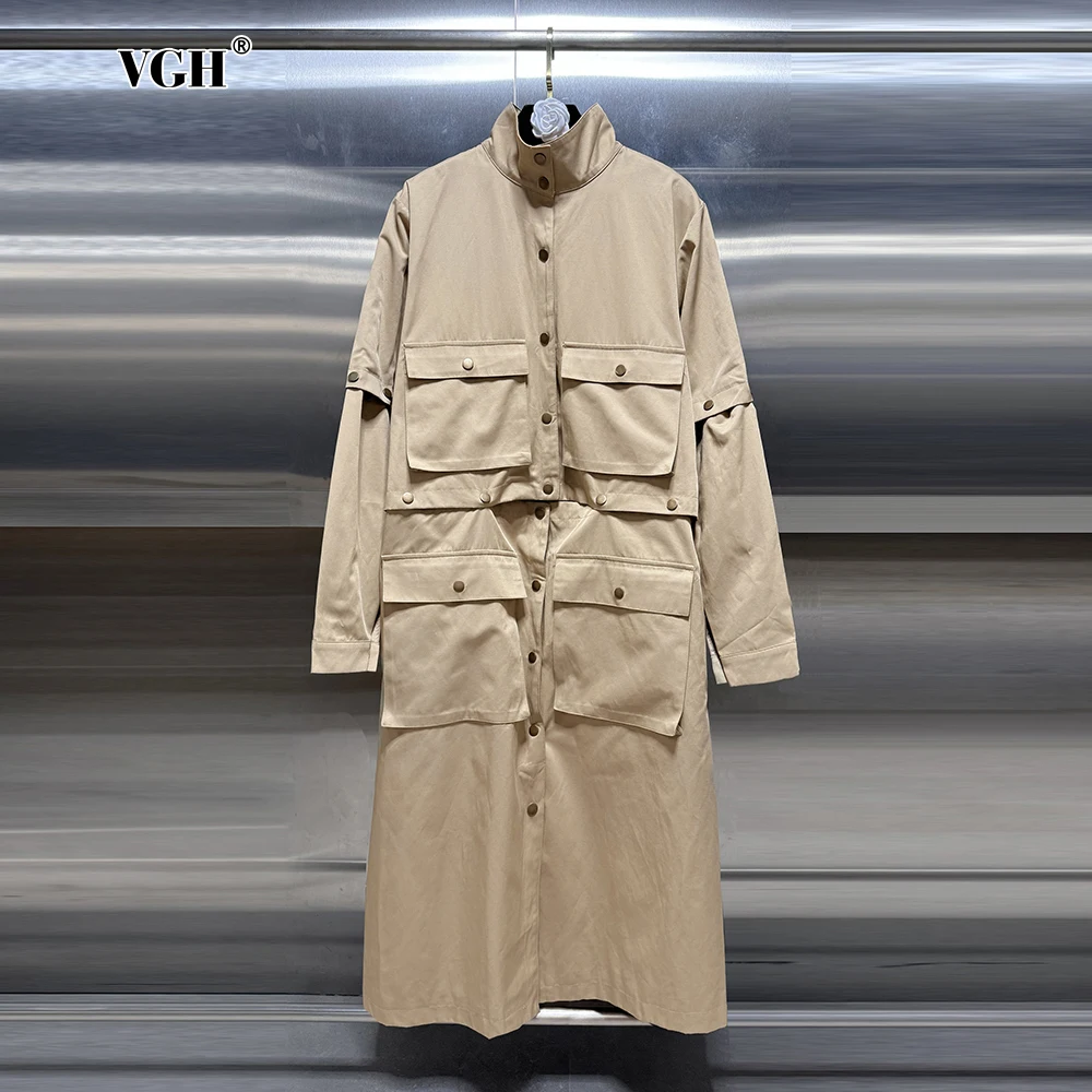 

VGH Casual Loose Patchwork Button Trench For Women Stand Collar Long Sleeve Spliced Pockets Minimalist Coats Female Fashion New