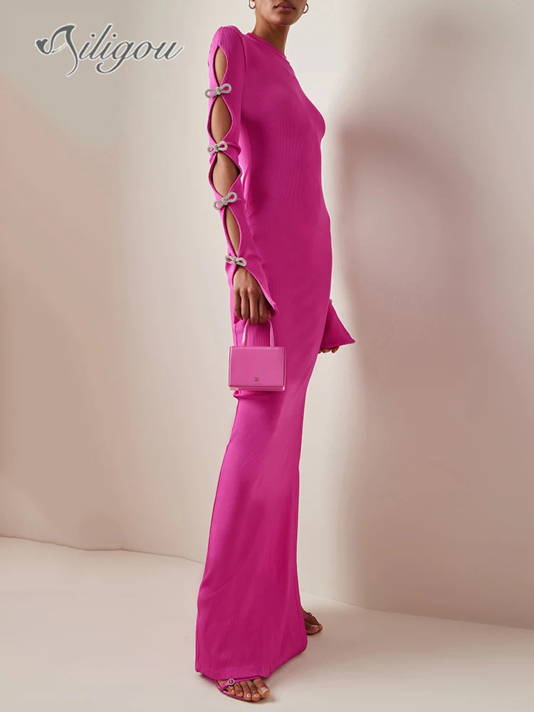 

Ailigou 2023 New Women's Sexy Hollow Out Design Long Sleeve Bow Crystal Diamond Fashion Party Wear Pink Tight Bandage Long Dress