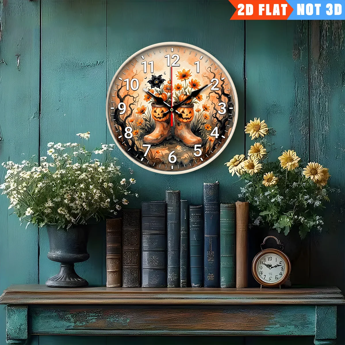 Modern alarm clock wall clock, fun pumpkin head rain boots 2D round decorative clock, 10.0 inch silent battery power supply, stylish home decoration, suitable for living room, bedroom, bookshelf and bar, perfect holiday gift, suitable for any space
