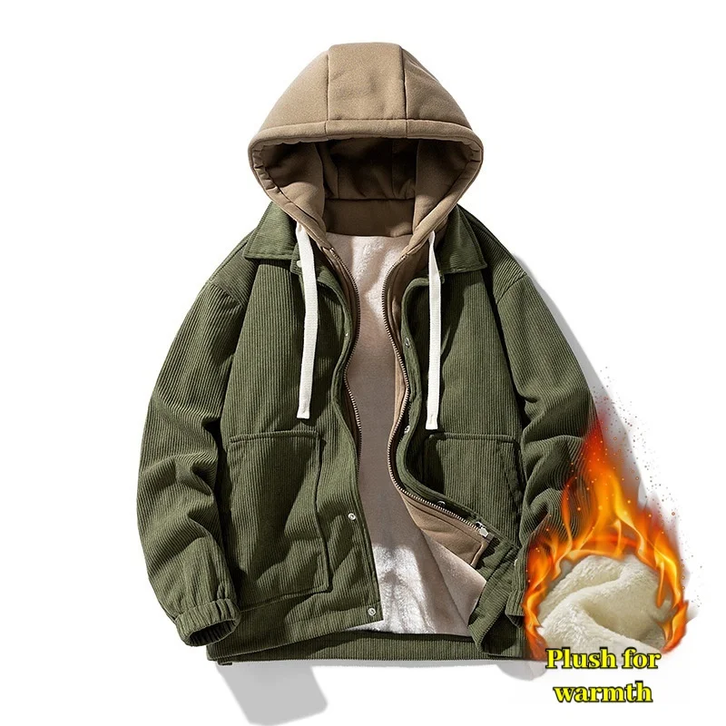 Winter Unisex Corduroy Hooded Jacket with Plush Insulation for Men\'s Hong Kong Style Holiday Two-piece Hoodie Jacket