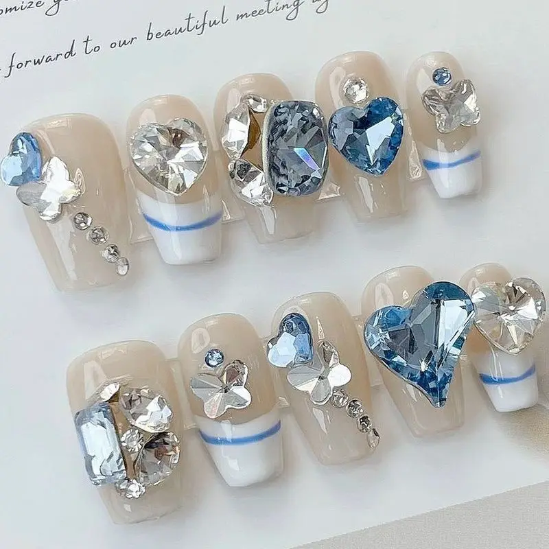 

French Sailor Style Pure Handmaded T-shaped Reusable False Nails Light Blue Love Heart Crushed Diamond Wearable Nails Detachable