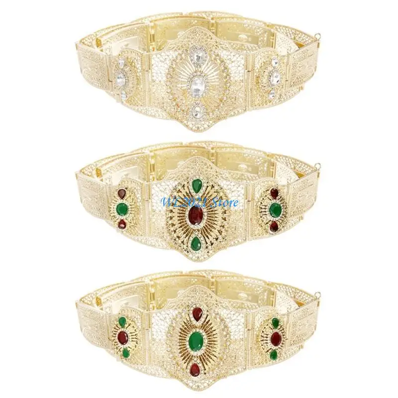 

G5GC Traditional Hollowed Belt Moroccan Caucasus Robe Belt Antique Waistband for Wedding Rhinestones Carving Waist Jewelry