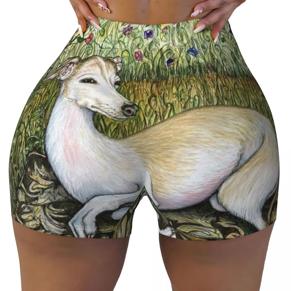 

Custom Greyhound Whippet Dog In Garden Workout Shorts Women's Sighthound Gym Running Biker Yoga Shorts