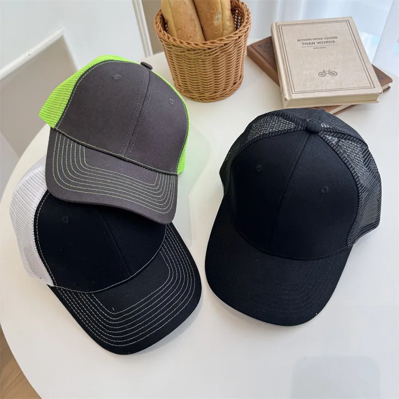New summer hard-brimmed sunshade baseball cap for men, trendy pure black casual mesh cap with slightly curved brim
