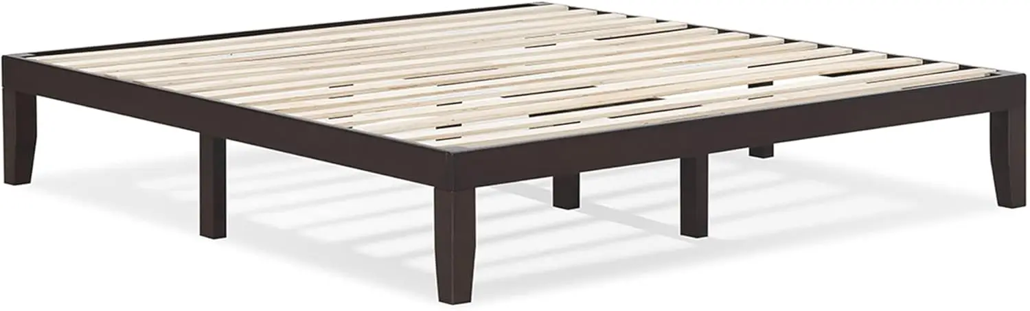 Wood Mattress Foundation with Rubber Wood Frame, Strong Poplar Wood Slat Support, No Box Spring Needed, Bed Frame (Dark Brown)