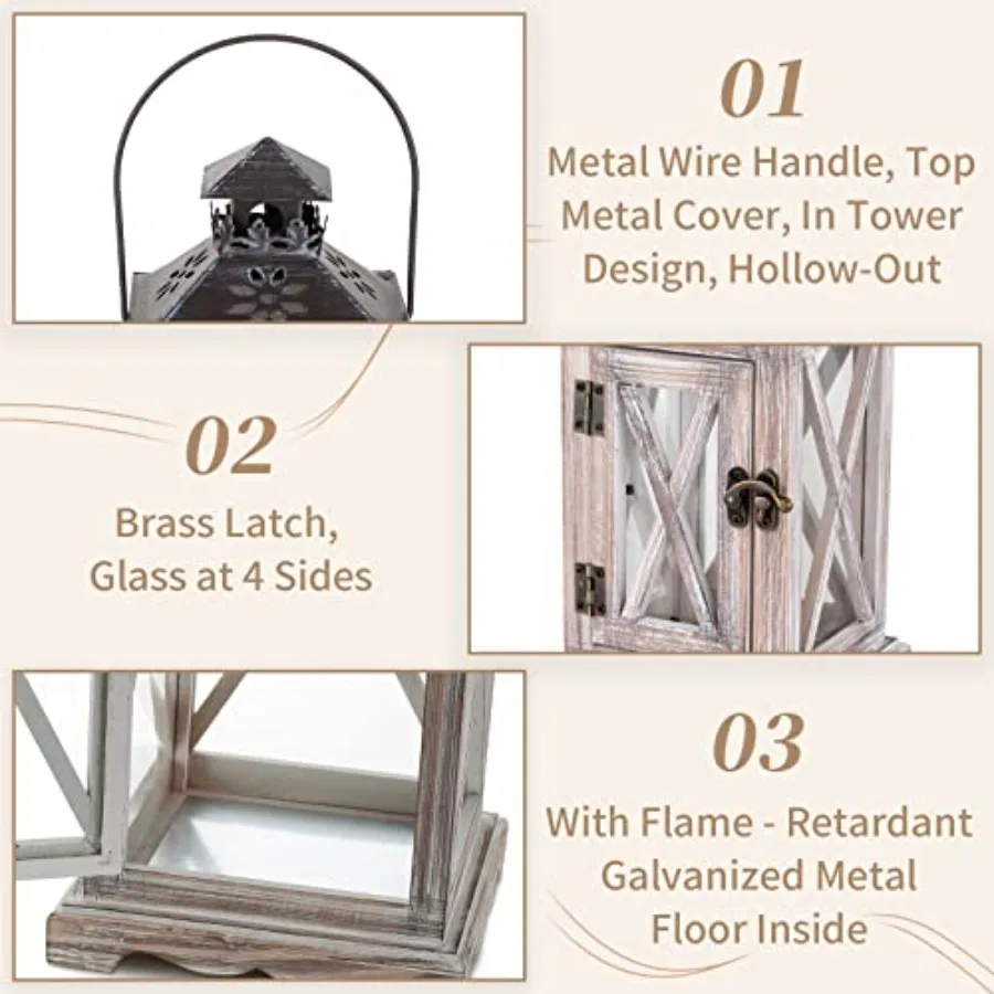 Farmhouse decor: wooden lanterns in natural wood tone, 19in and 11in tall, set of 2 for rustic indoor or outdoor lighting view 5