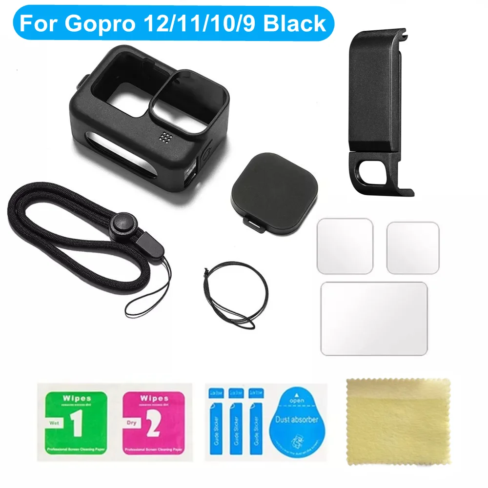 Silicone Case for GoPro Hero12 11 10 Black Tempered Glass Screen Protector Protective Film Lens Cap Cover for GoPro9 Accessories