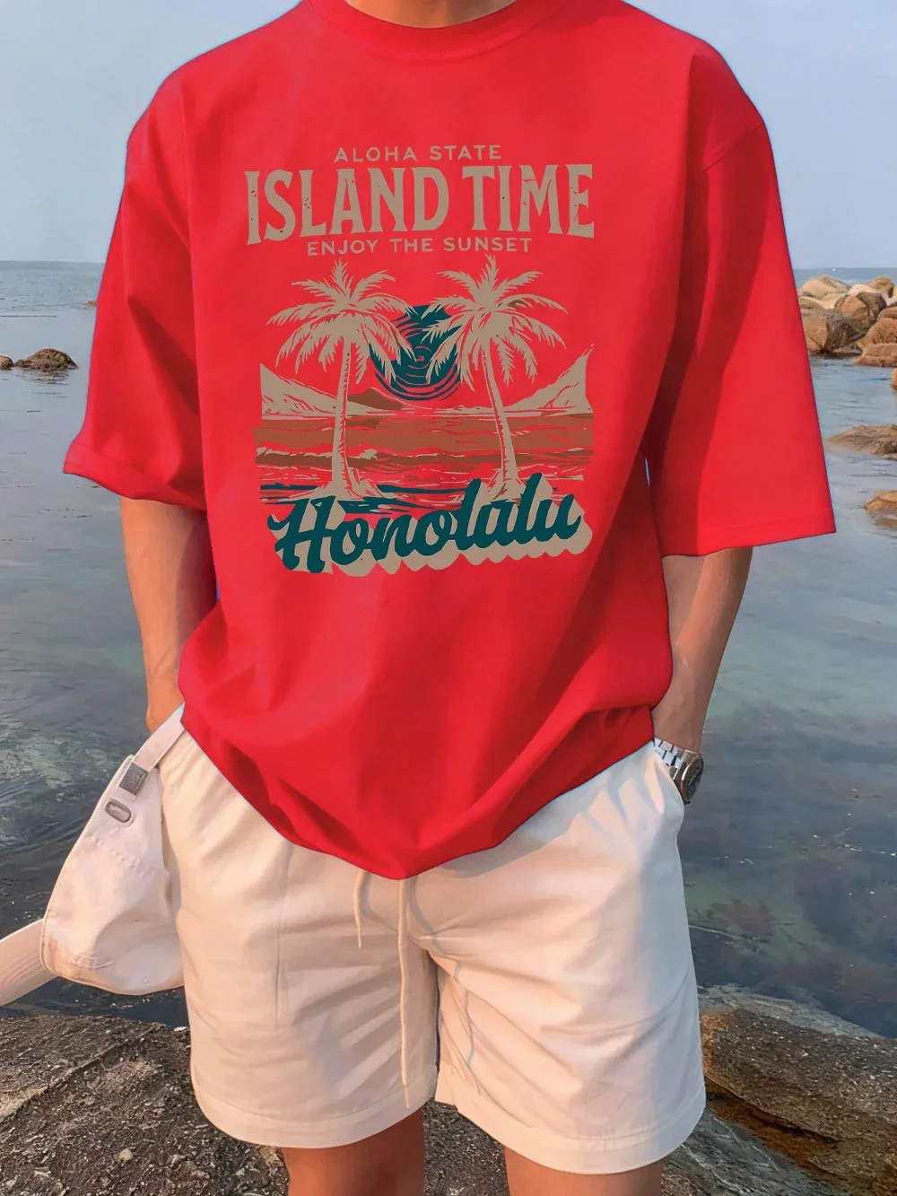 Island Time Honolulu Sunset Prints Soft Summer T Shirt Man Cotton Street T-Shirts Sport Loose Clothes Trendy O-Neck Short Sleeve