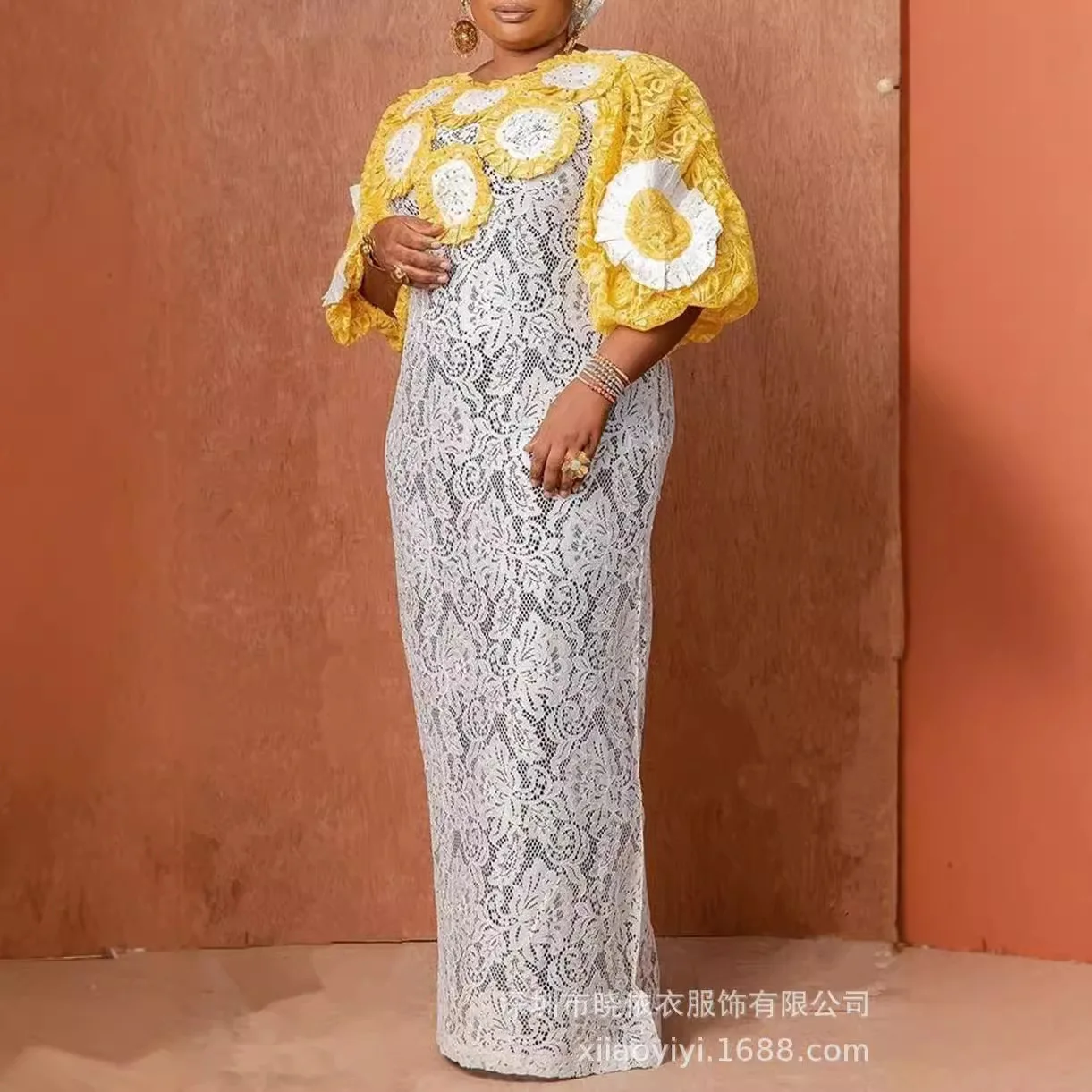 

Large size women's water-soluble lace dress, long skirt