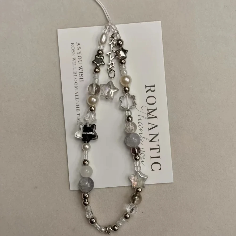 1PC Silver Star Pearl Beaded Phone Strap Chain Lanyard INS Style Charm for iPhone Samsung Bag Camera Headphone Accessories