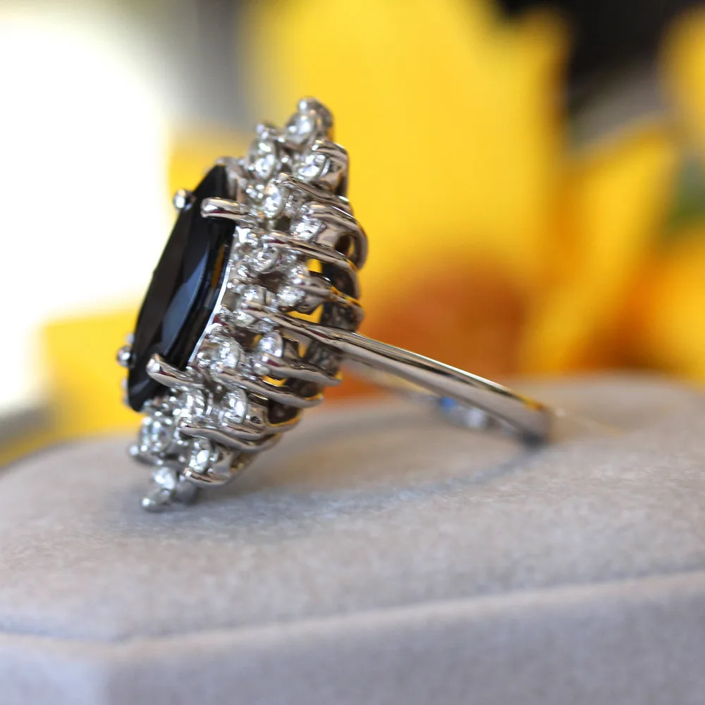 2CT 12x6MM Black Marquise D VVS1 Moissanite Ring GRA Certified Pass Diamond Tester Round Brilliant Lab Diamond Halo S925 Silver White Gold Plated Jewelry For Women Engagement Wedding Anniversary Gift view 2