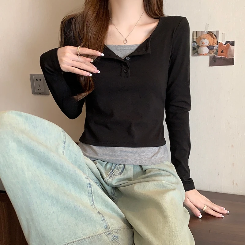 

Korean Women's Fake Two-Piece Shoulder Long Sleeved T-shirt Autumn Design Sense Niche Base Shirt Tee Short Top Clothing