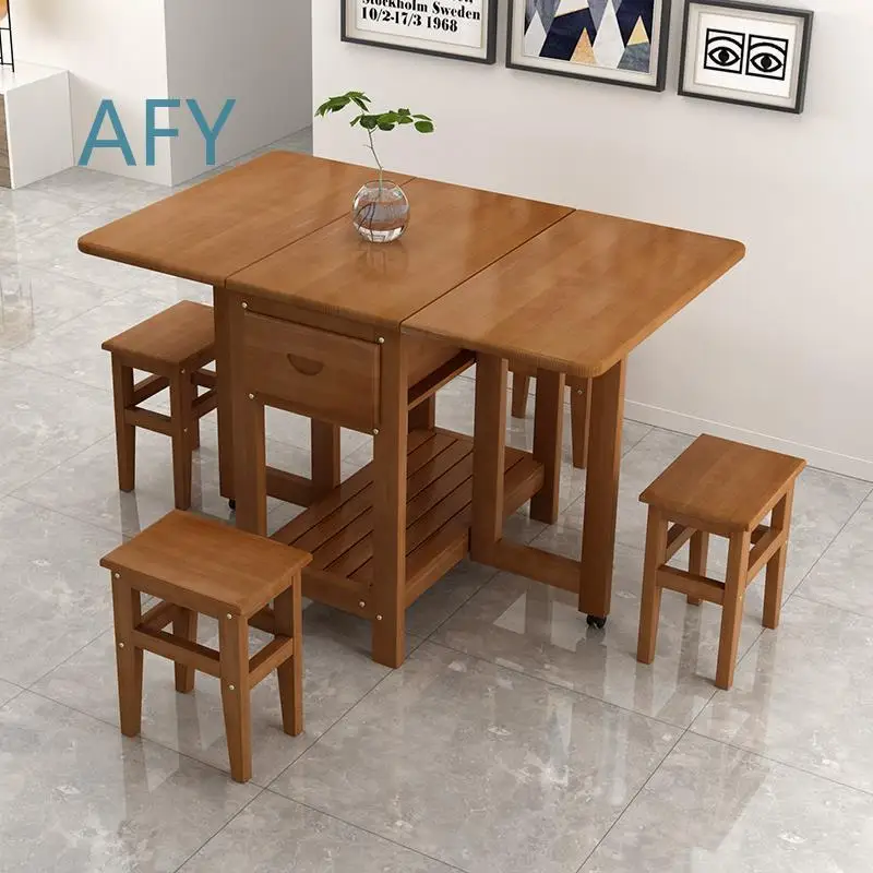 Foldable Dining Table for Small Spaces Modern Minimalist Solid Wood Extendable Rectangular Multipurpose Table for 4-6 People
