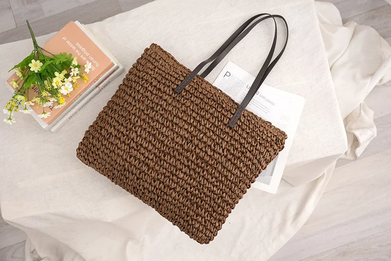 Große Kapazität Papier-Gras-Stroh Gewebte Körbe Quadratische Damen-Handtasche Mehrfarbige Umhängetasche für Frauen – Detail 17
