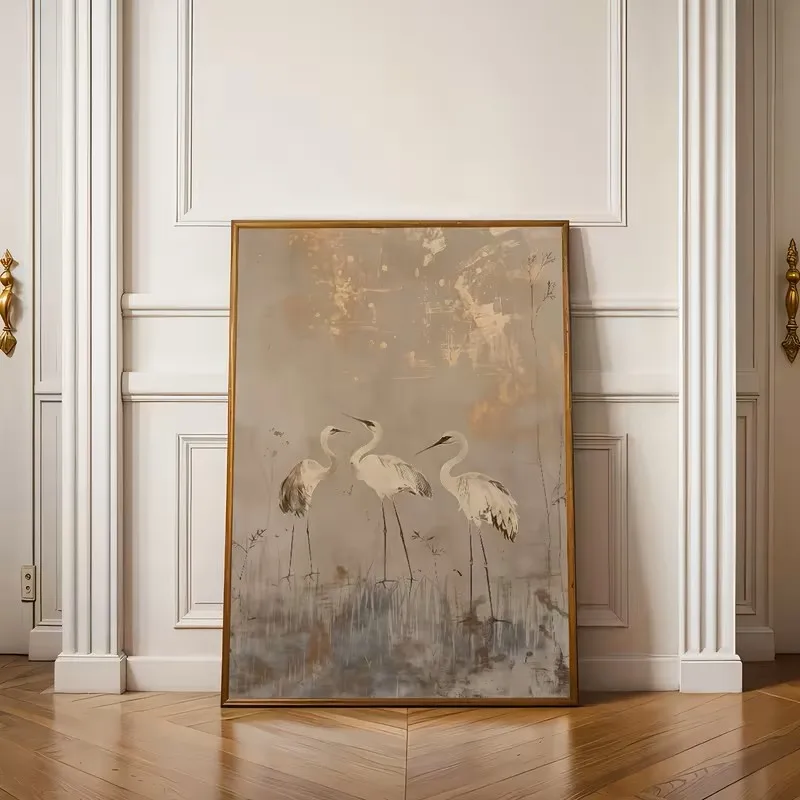 Japanese Crane Wall Art Beige and Gold Simple Canvas Poster for Living Room, Bedroom and Natural Style Home Decoration