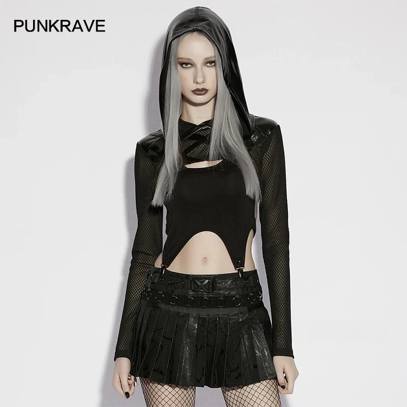 PUNK RAVE Women's Punk Pullover Hooded Knitted & Mesh Ultra Short Top Sharp Segmentation Warrior Long Sleeves Small Jacket